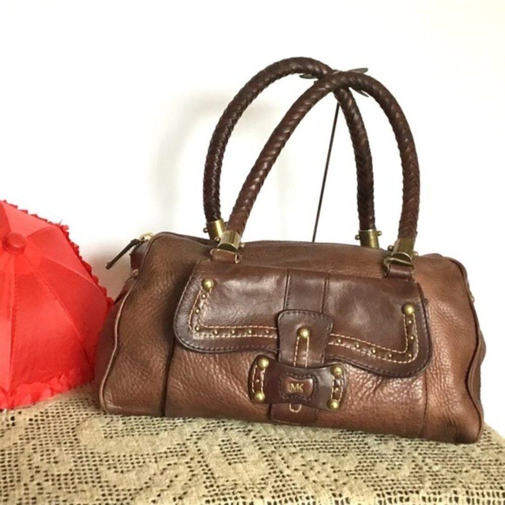 Michael Kors Purse Satchel 90s Vintage Brown Braided Handle Zip Bag Handbag